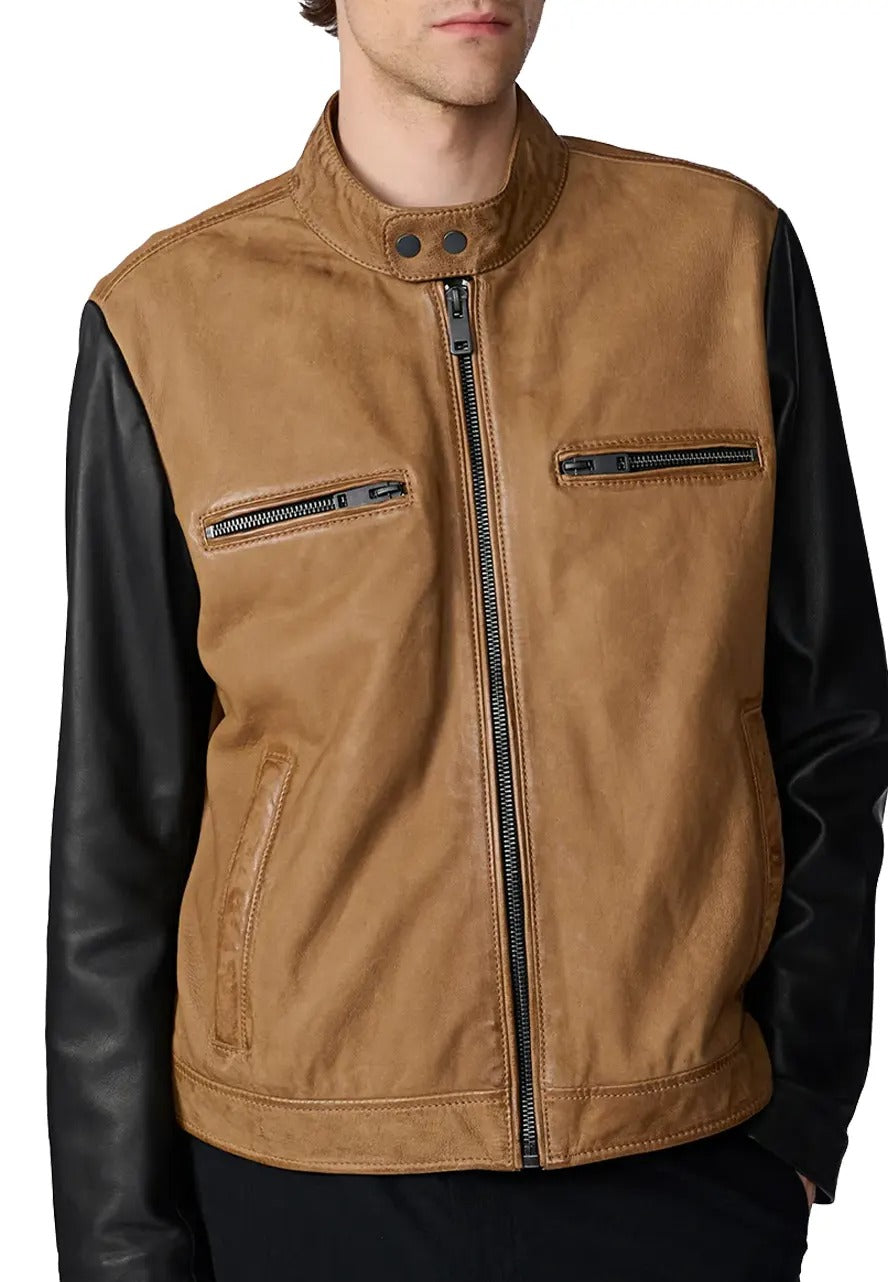 Men’s Brown Leather Jacket with Black Sleeves – Stylish Two-Tone Biker Jacket