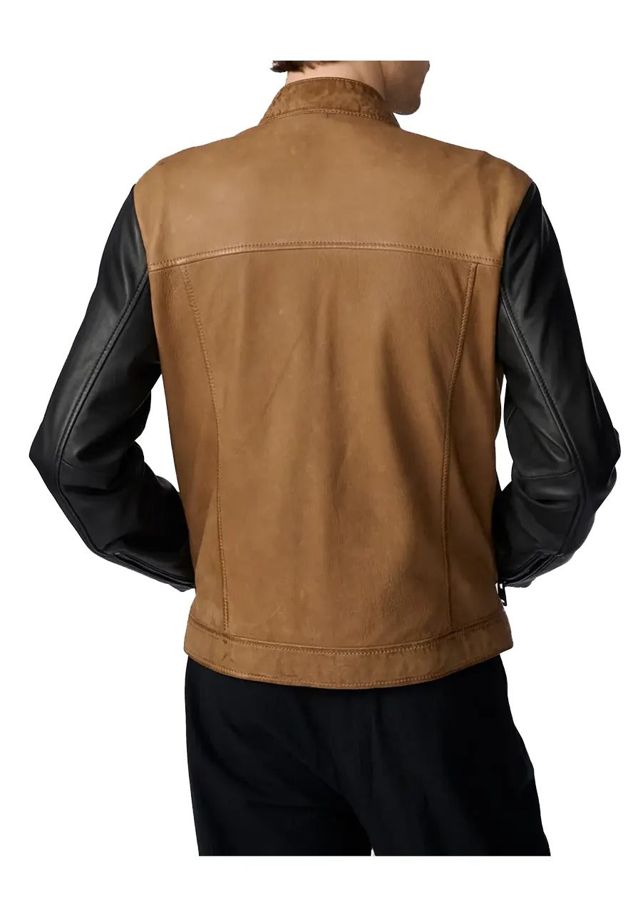 Men’s Brown Leather Jacket with Black Sleeves – Stylish Two-Tone Biker Jacket