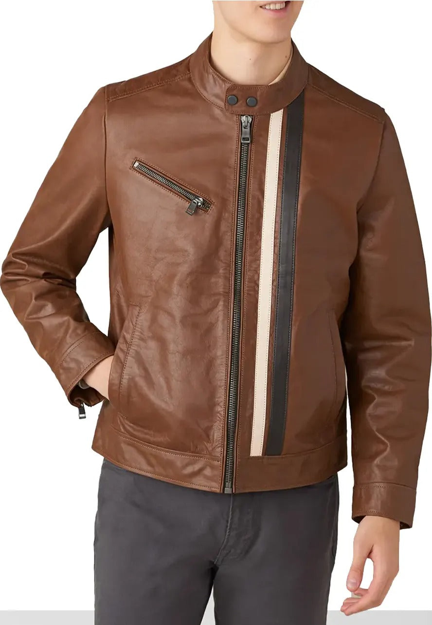 Men’s Brown Leather Jacket with Multi-Stripe – Classic Racer Style