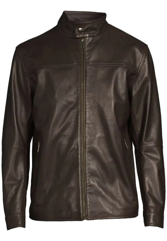 Men’s Brown Leather Jacket with Stand Collar – Classic & Stylish