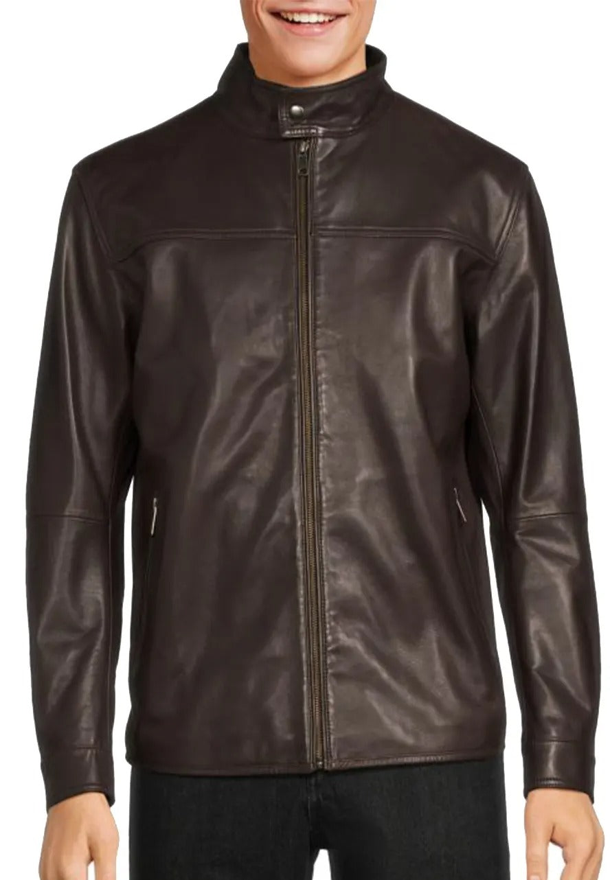 Men’s Brown Leather Jacket with Stand Collar – Classic & Stylish