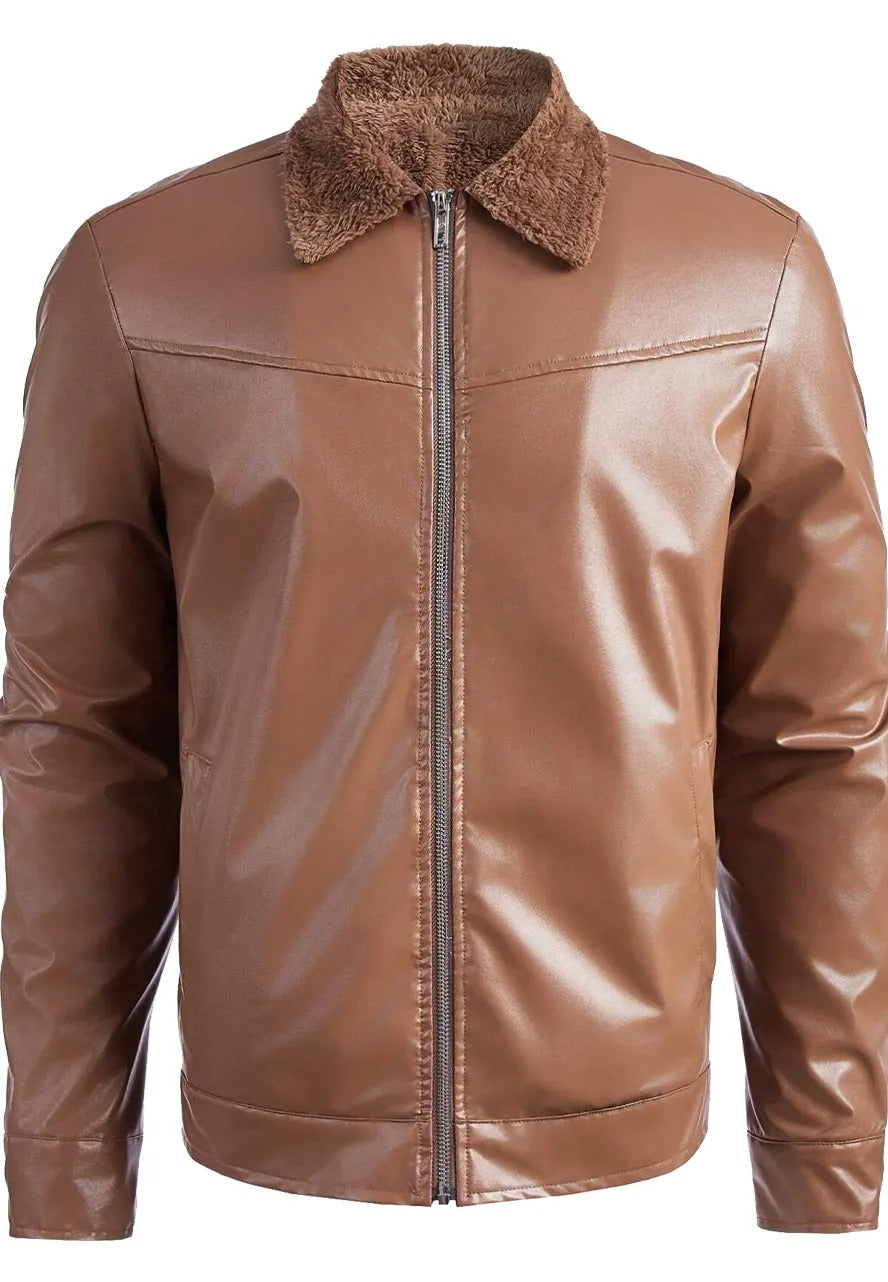 Men’s Brown Leather Teddy Lined Jacket – Cozy & Classic