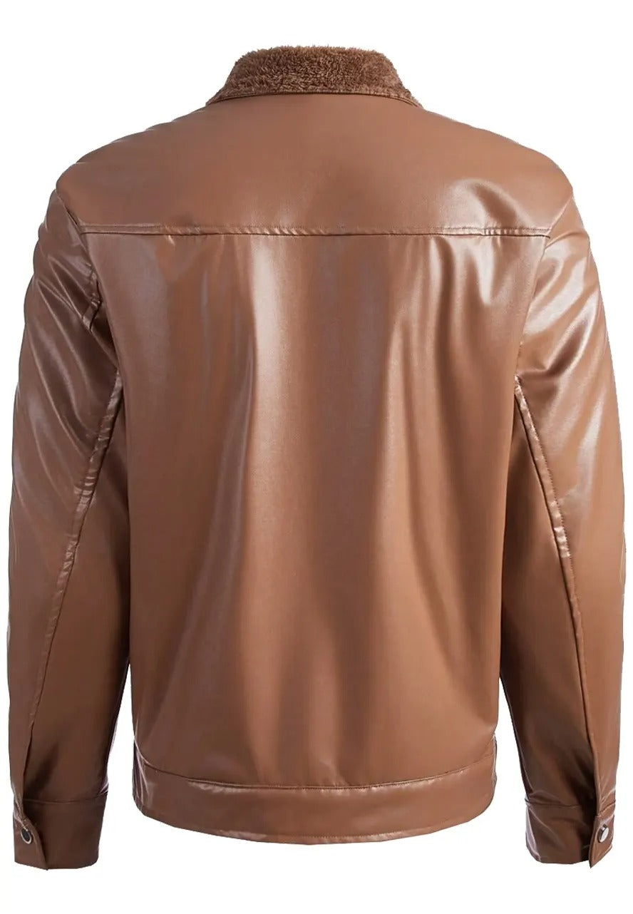 Men’s Brown Leather Teddy Lined Jacket – Cozy & Classic