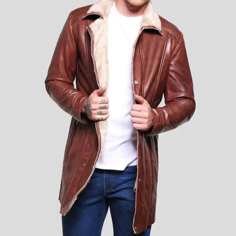 Men's Brown Mid Length Sheepskin Shearling Coat