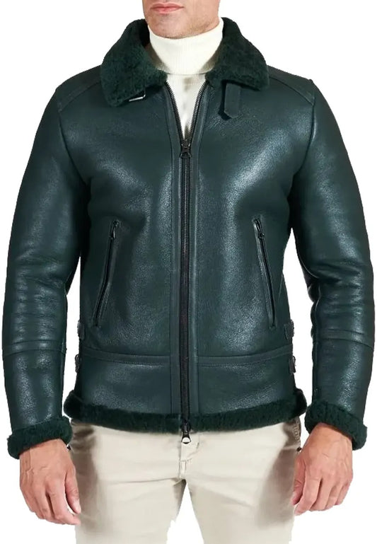 Men’s Green Leather Shearling Jacket with Buckle Collar – Warm & Stylish