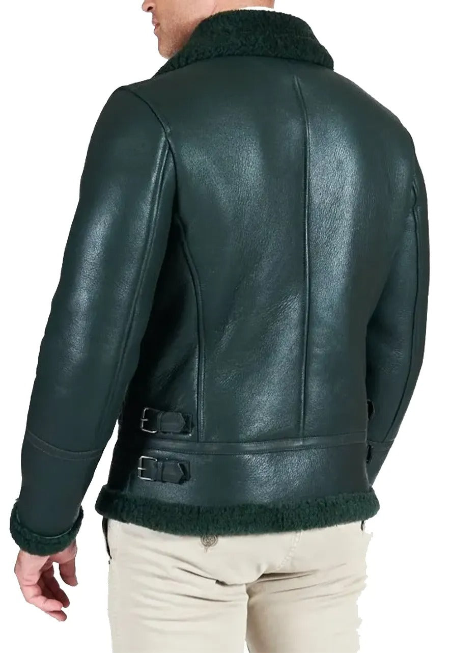 Men’s Green Leather Shearling Jacket with Buckle Collar – Warm & Stylish