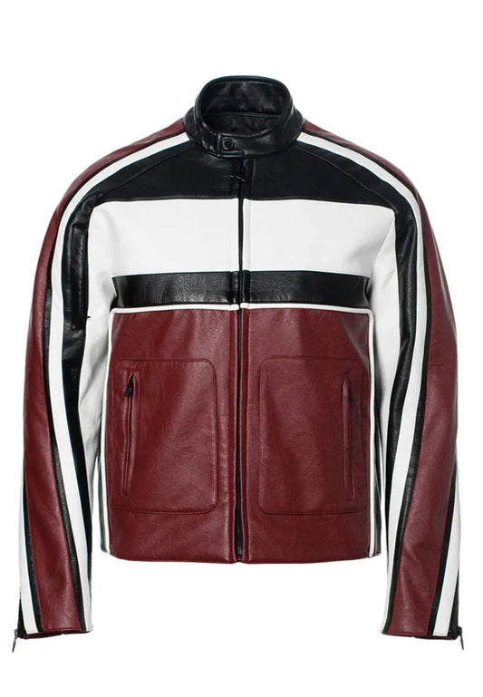 Men’s Burgundy Leather Biker Racing Jacket – Bold & Stylish