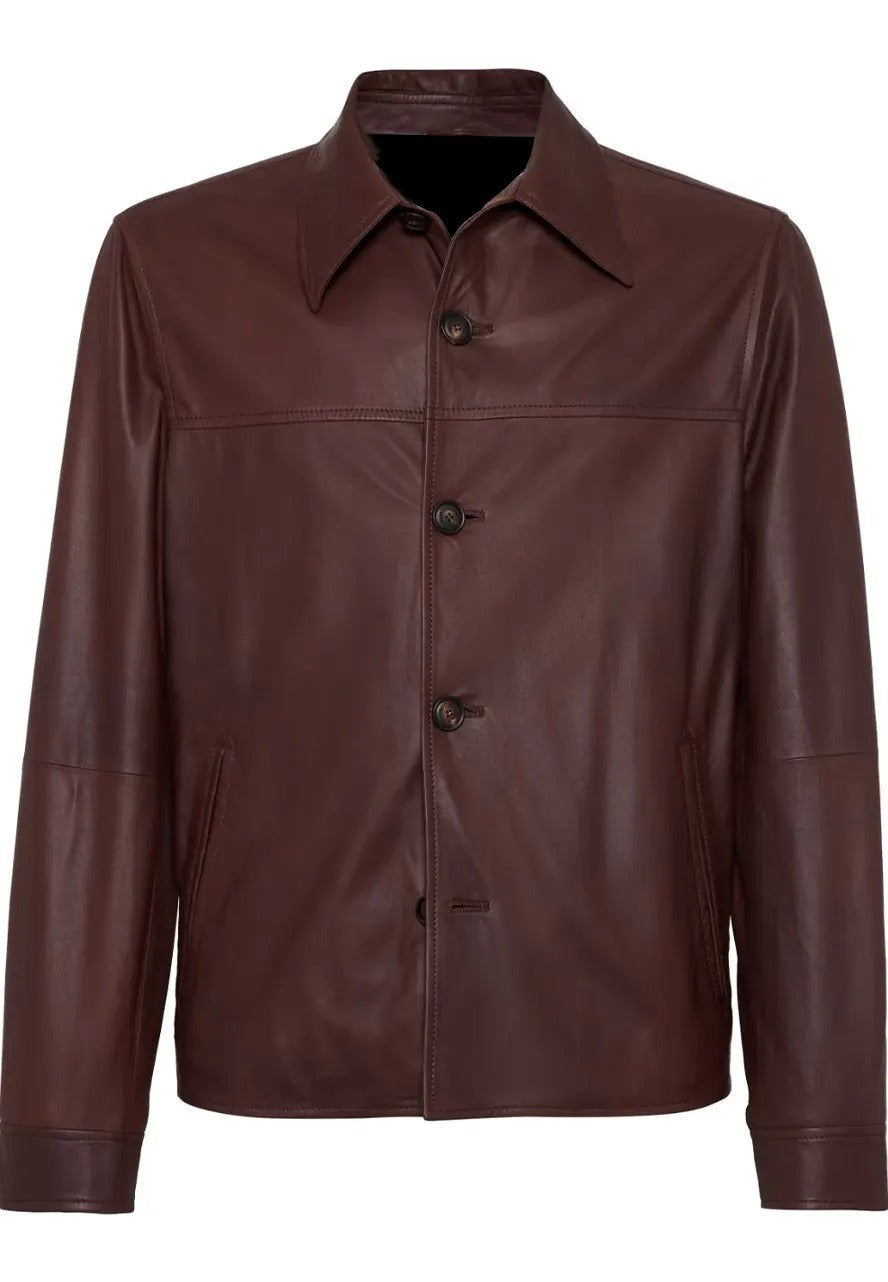 Men’s Button Front Brown Leather Jacket – Classic & Sophisticated