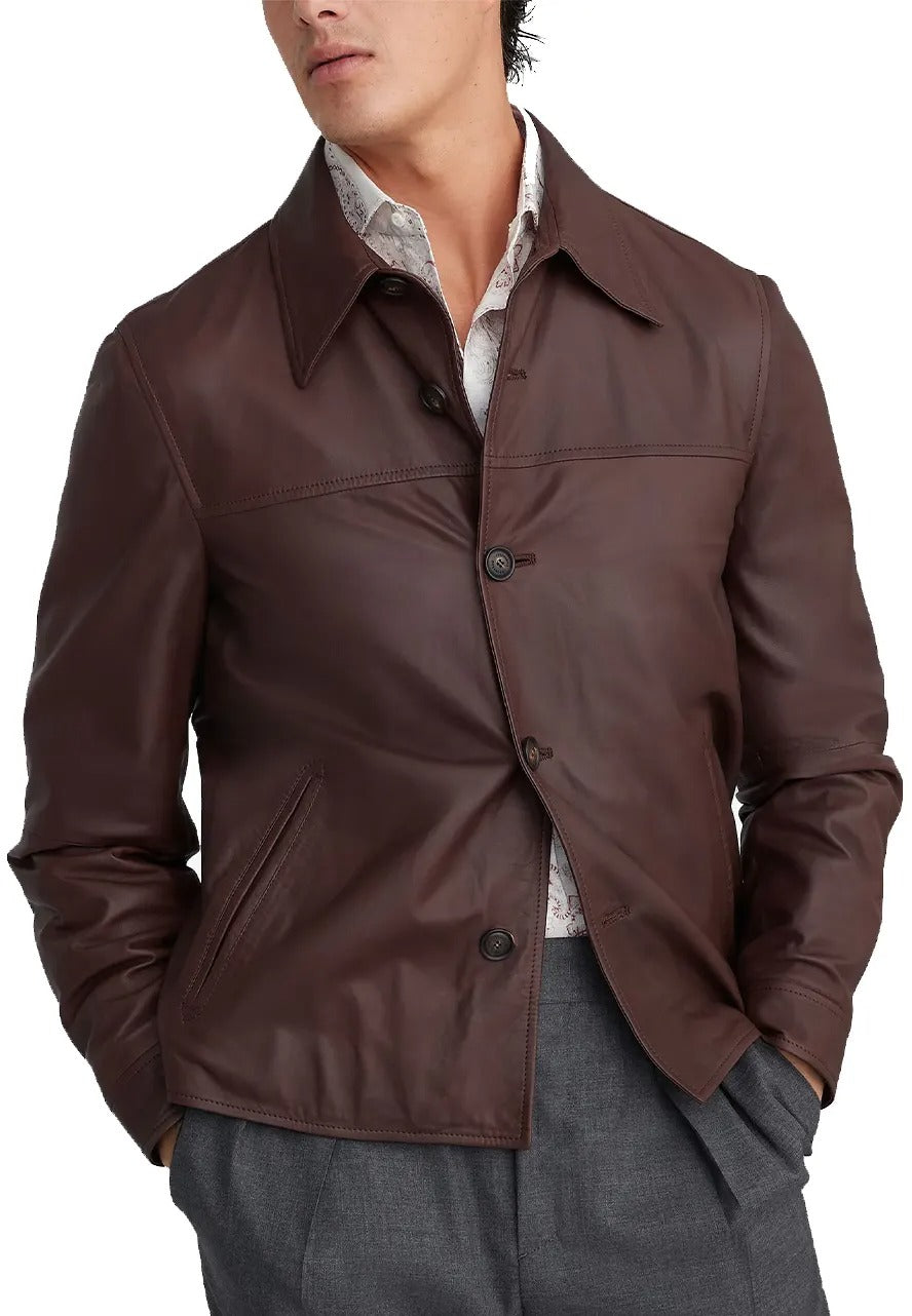 Men’s Button Front Brown Leather Jacket – Classic & Sophisticated