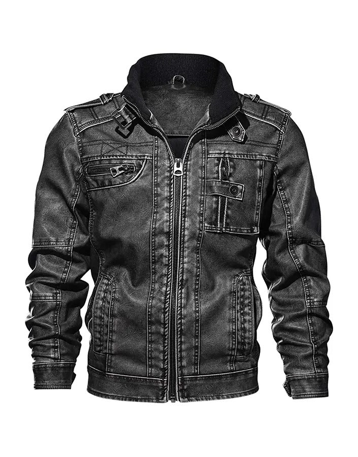 Men’s Casual Long Sleeve Distressed Black Leather Jacket