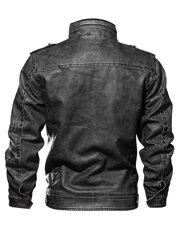 Men’s Casual Long Sleeve Distressed Black Leather Jacket