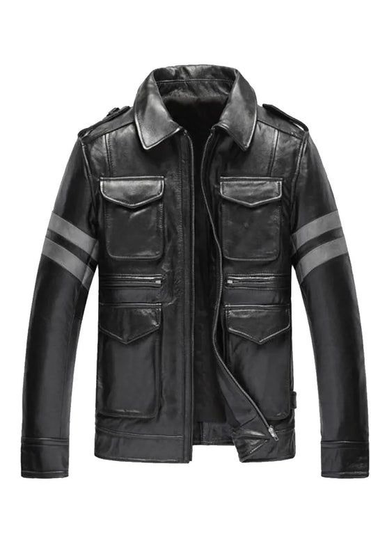 Men’s Black Leather Jacket with Pockets – Casual & Stylish Outerwear