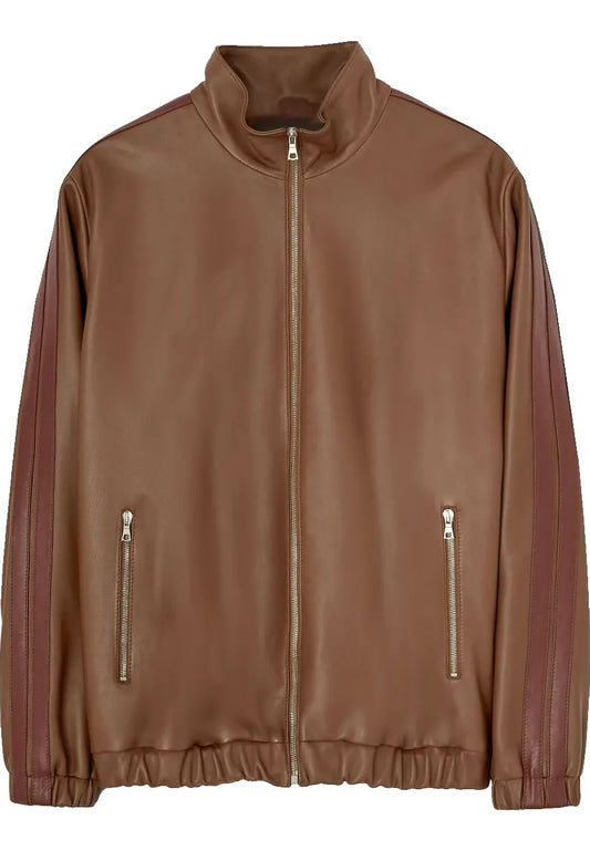 Men’s Chocolate Brown Leather Track Jacket – Sporty & Stylish