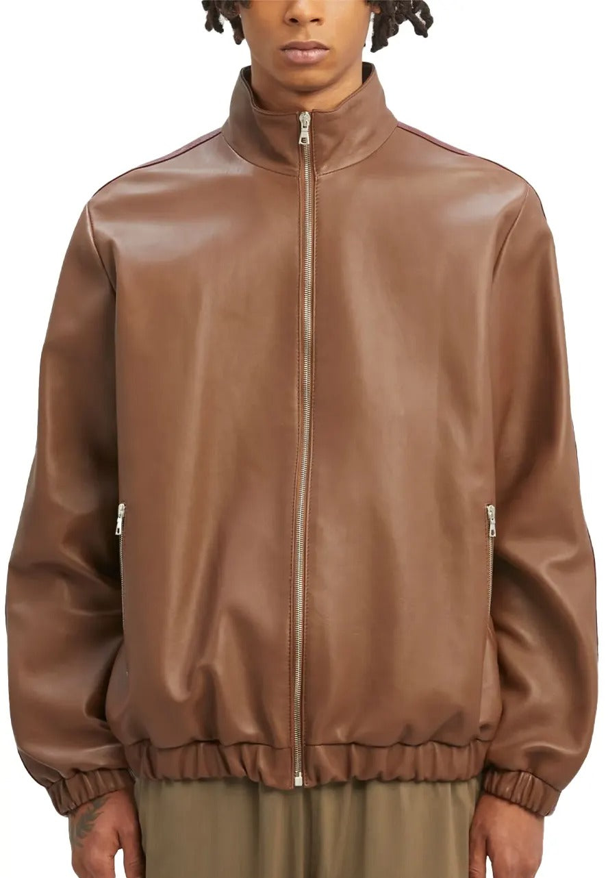 Men’s Chocolate Brown Leather Track Jacket – Sporty & Stylish