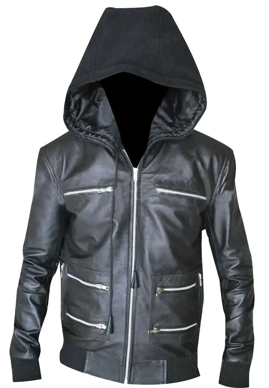 Men’s Classic Black Leather Bomber Jacket with Hood – Stylish & Versatile

