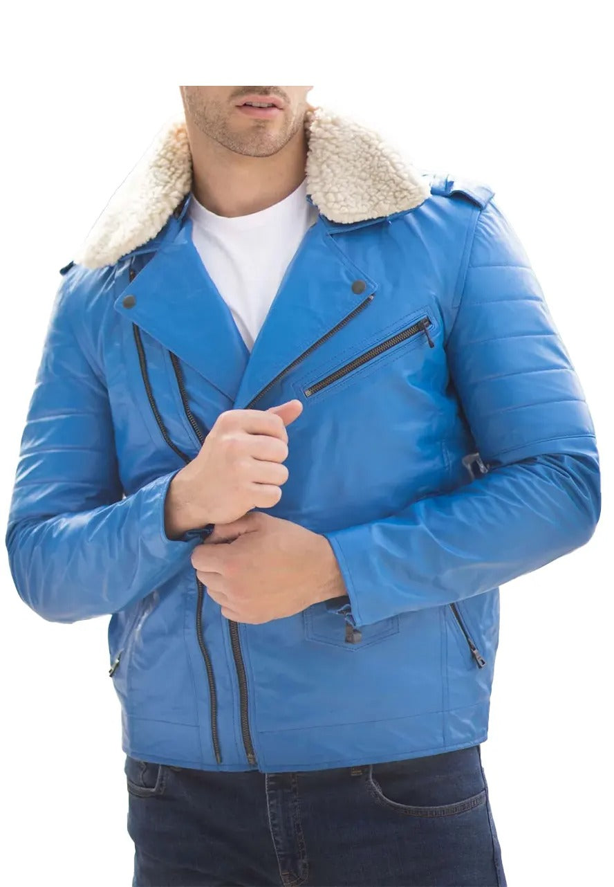 Men’s Classic Blue Leather Jacket with Fur Collar – Timeless & Luxurious