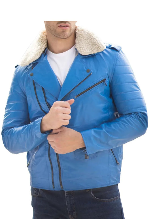 Men’s Classic Blue Leather Jacket with Fur Collar – Timeless & Luxurious