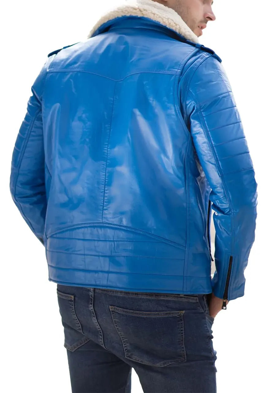 Men’s Classic Blue Leather Jacket with Fur Collar – Timeless & Luxurious