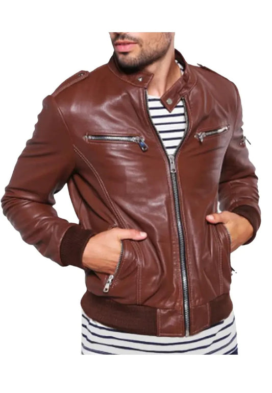 Men’s Classic Brown Bomber Leather Jacket – Timeless & Stylish