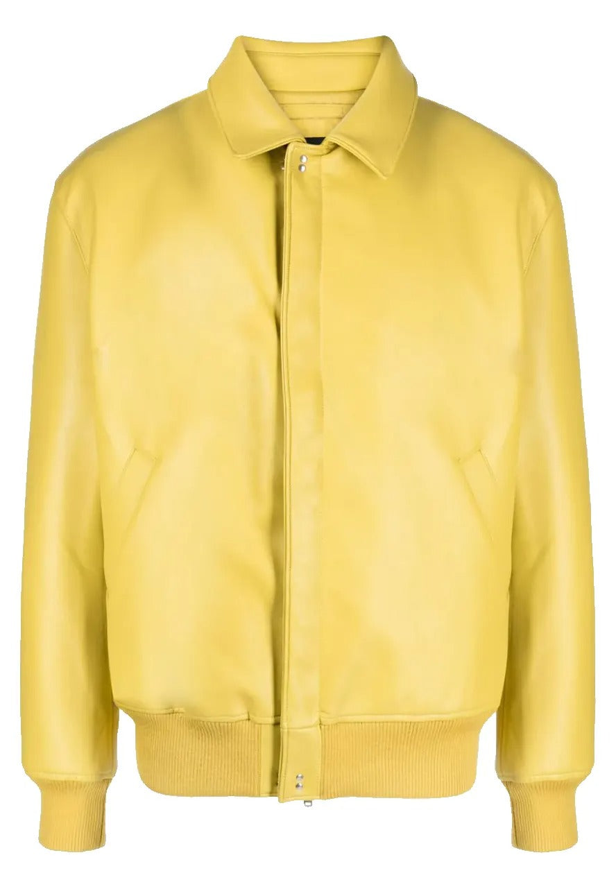 Men’s Classic Collar Yellow Leather Bomber Jacket – Bold & Trendy