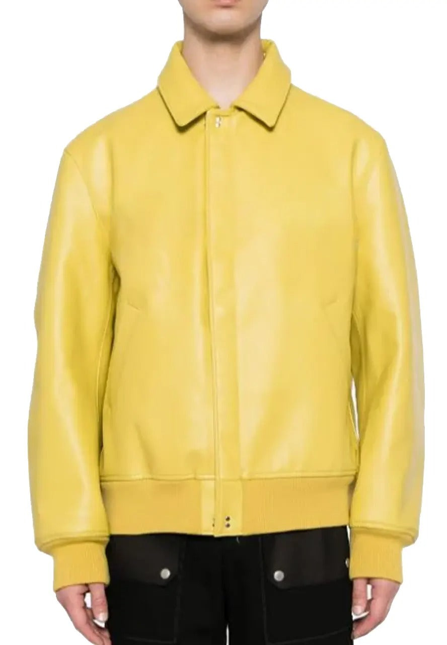 Men’s Classic Collar Yellow Leather Bomber Jacket – Bold & Trendy