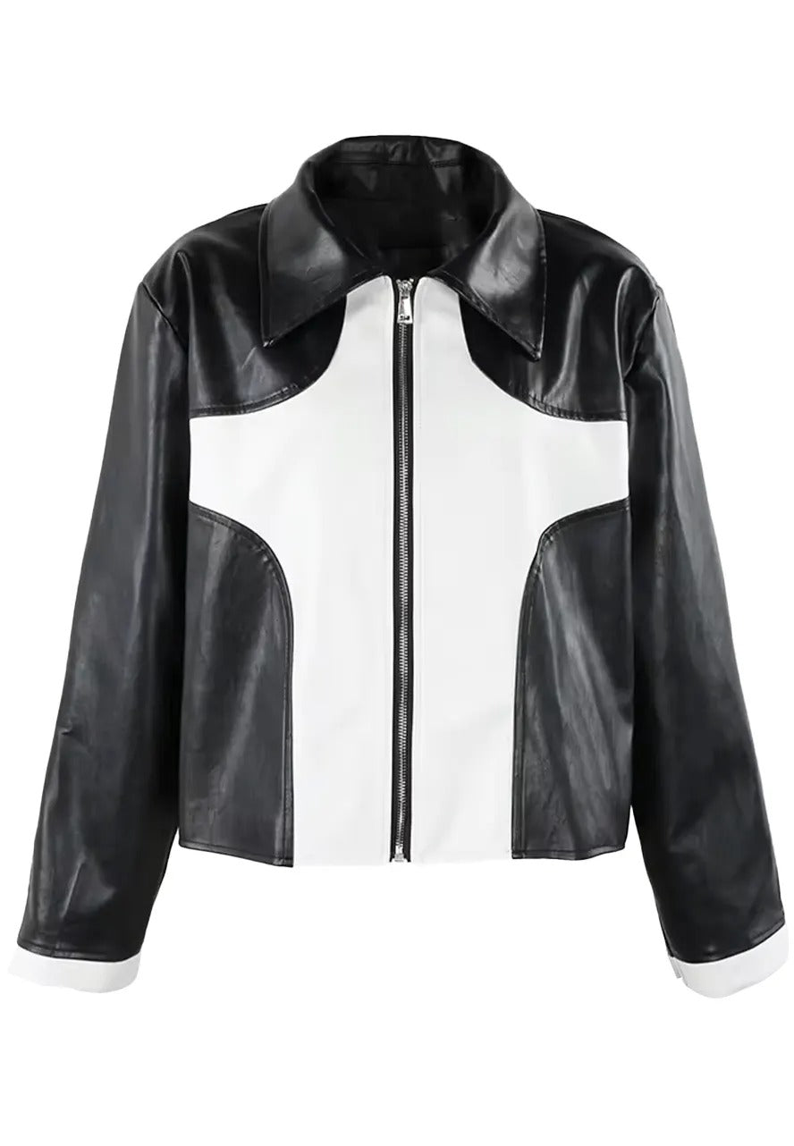 Men’s Contrast Black Leather Racer Jacket – Bold & Stylish