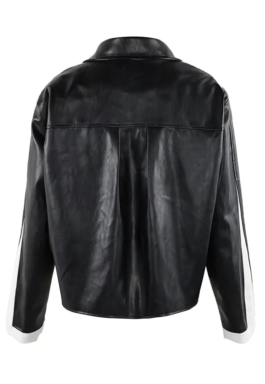 Men’s Contrast Black Leather Racer Jacket – Bold & Stylish