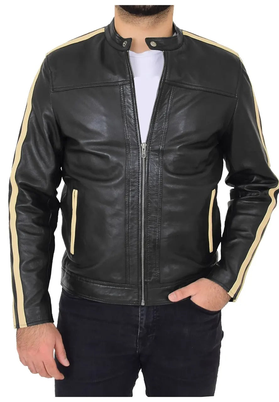 Men’s Black Leather Biker Jacket with Contrasting Stripes – Bold & Sporty