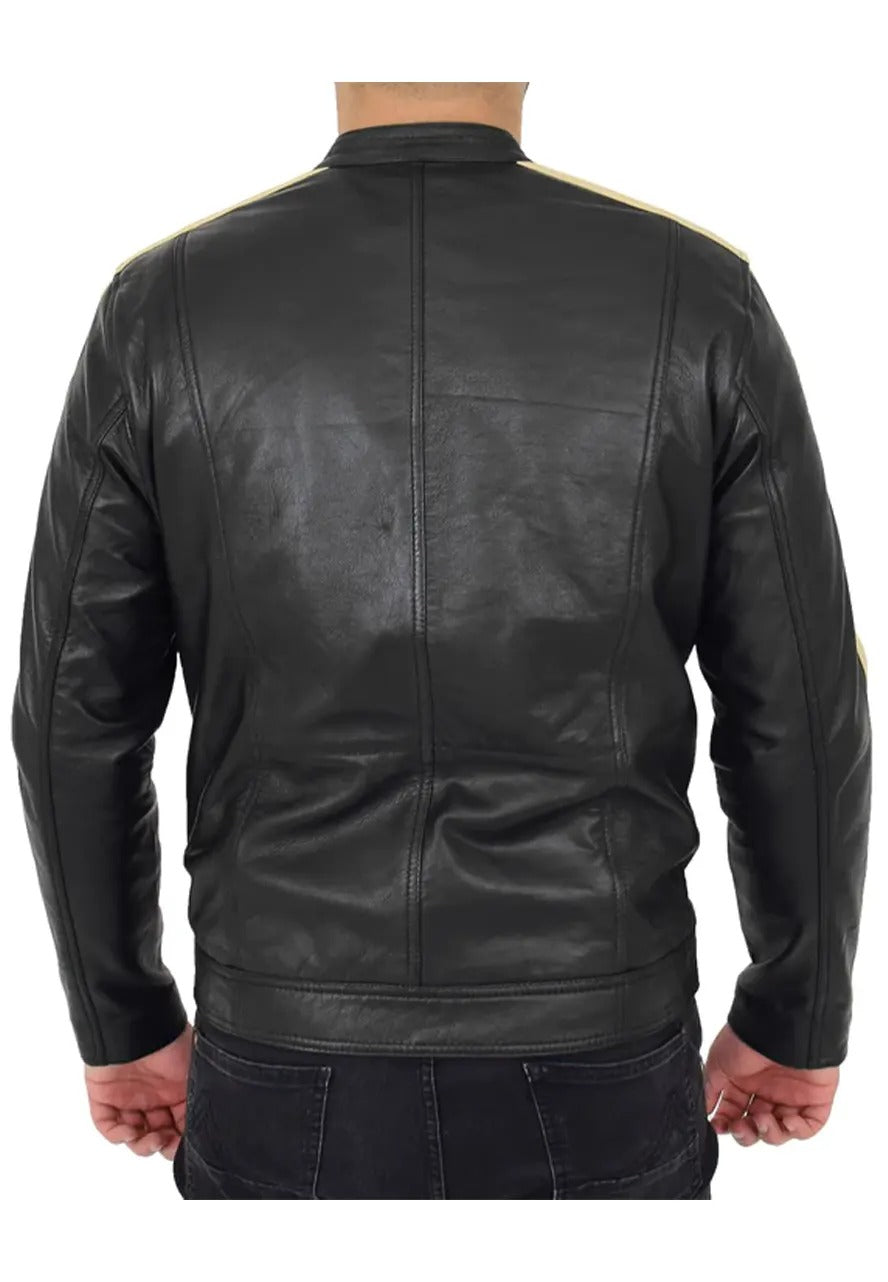 Men’s Black Leather Biker Jacket with Contrasting Stripes – Bold & Sporty