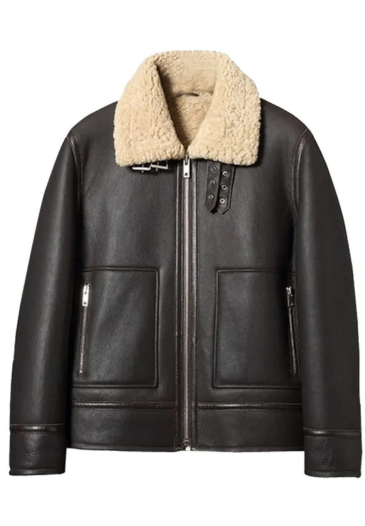 Men’s Dark Brown Leather Shearling Aviator Jacket – Timeless & Warm