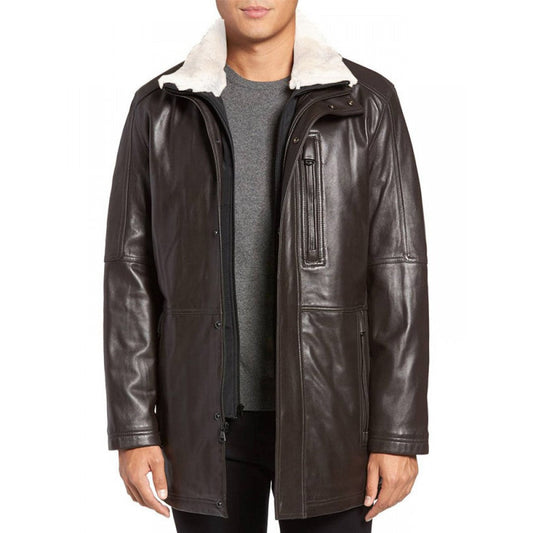 Men's Dark Brown Stylish Real Sheepskin Leather Fur Coat