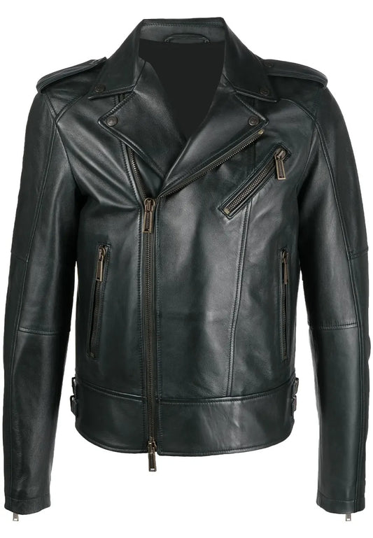 Men’s Dark Green Leather Biker Jacket – Bold & Stylish