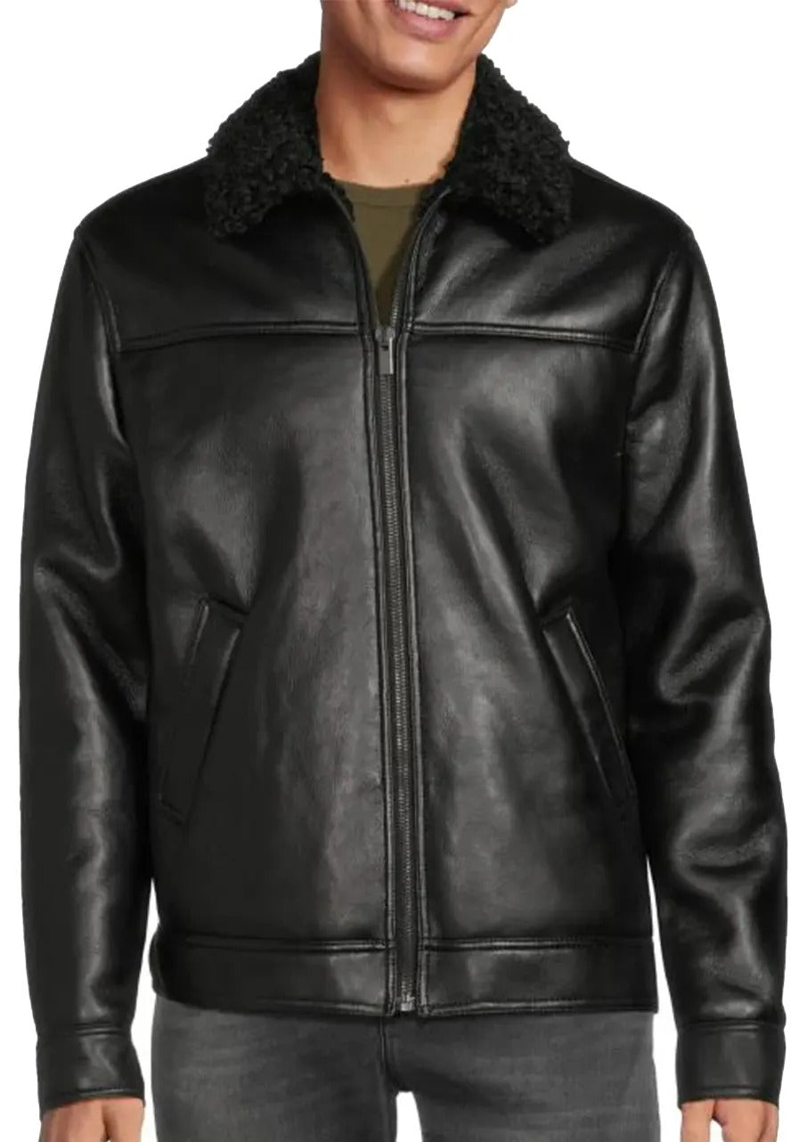 Men’s Black Leather Jacket with Fur Lining – Warm & Stylish