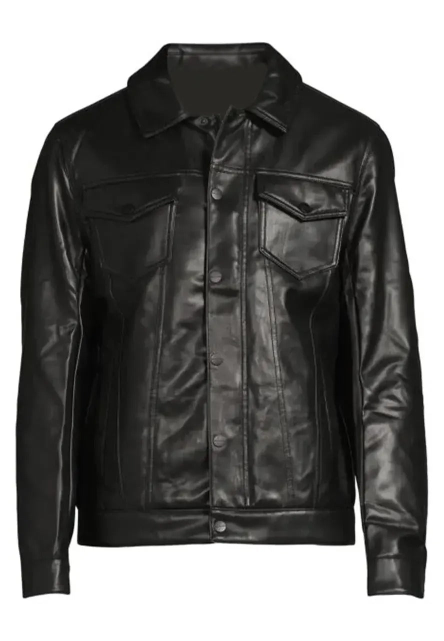 Men’s Black Leather Trucker Jacket – Classic & Stylish