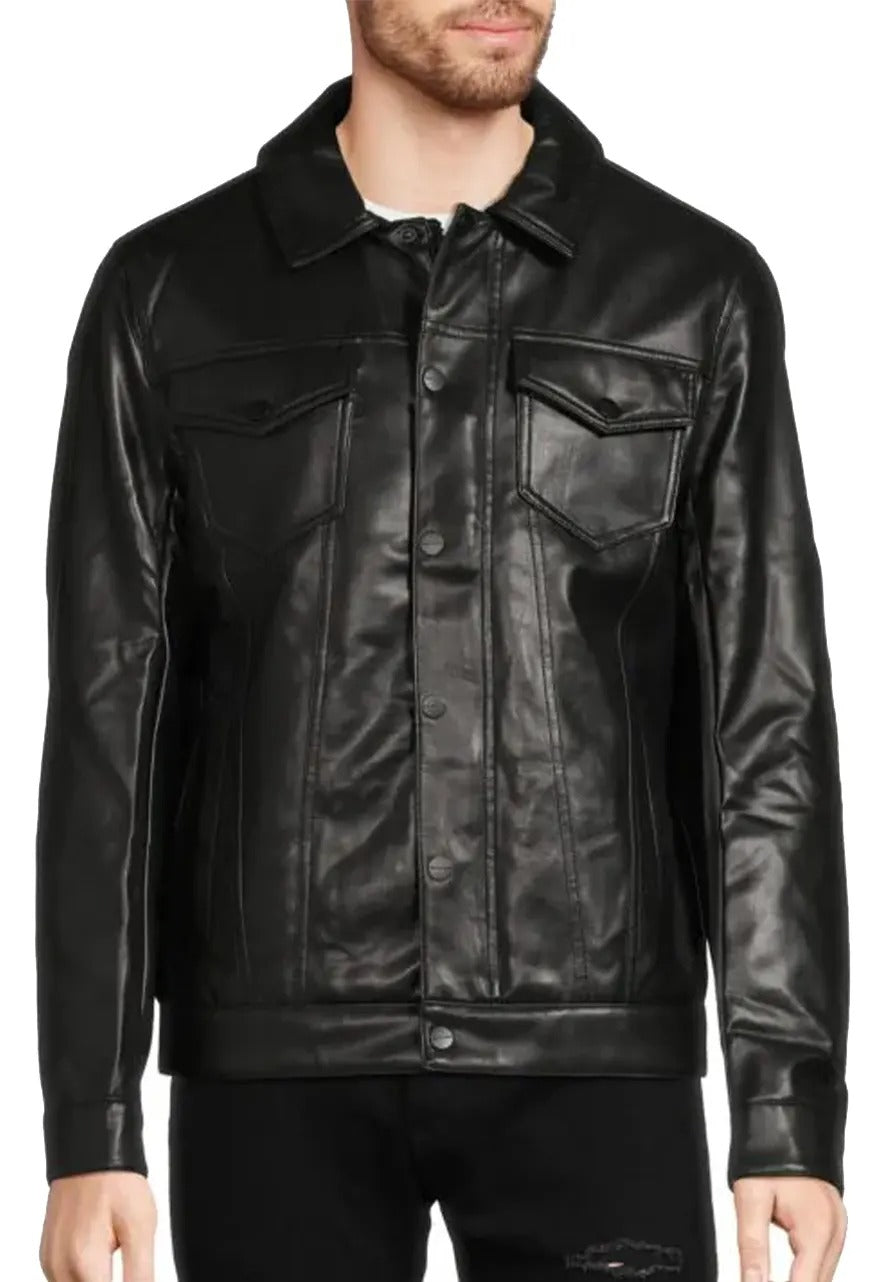 Men’s Black Leather Trucker Jacket – Classic & Stylish