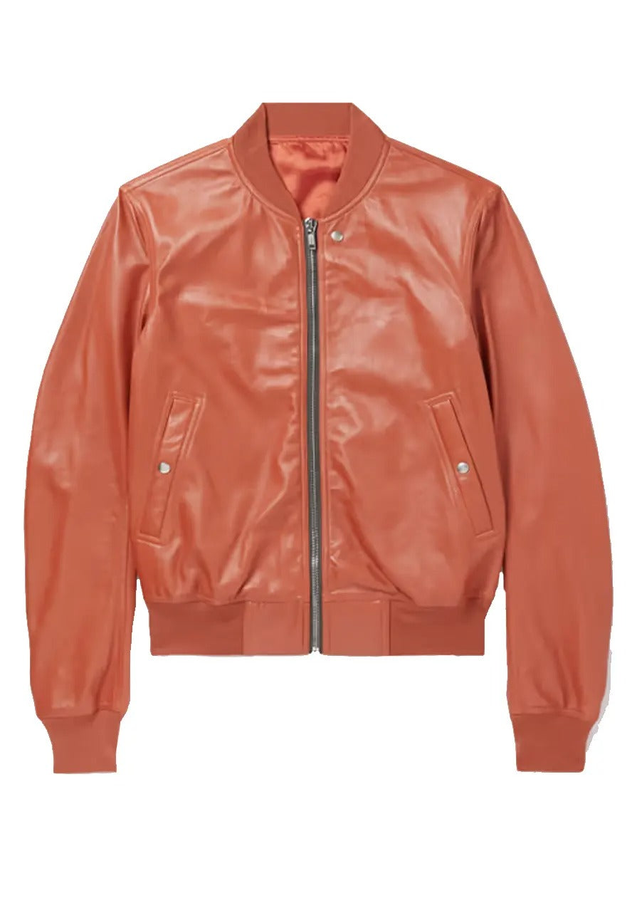 Men’s Orange Leather Bomber Jacket – Bold & Trendy