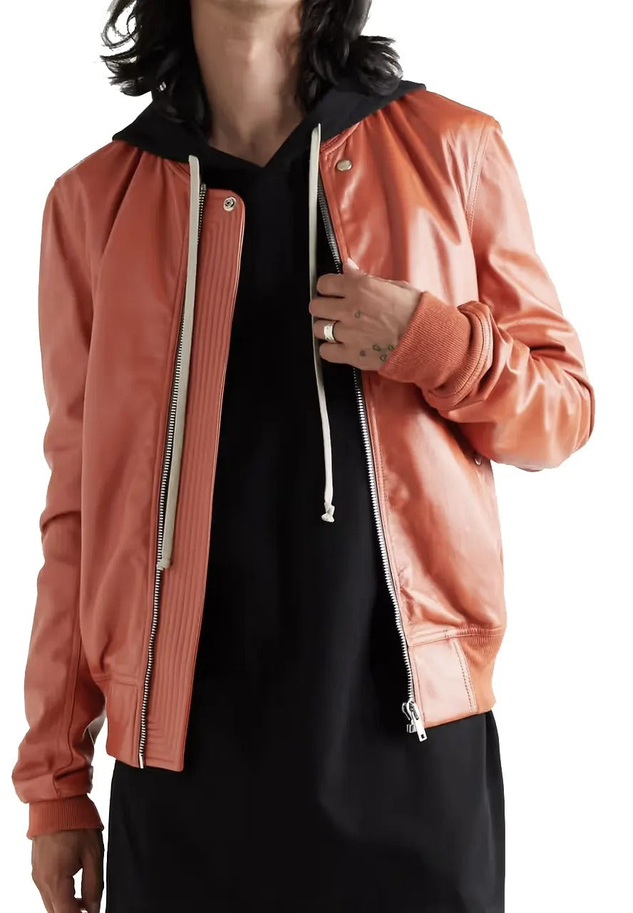 Men’s Orange Leather Bomber Jacket – Bold & Trendy