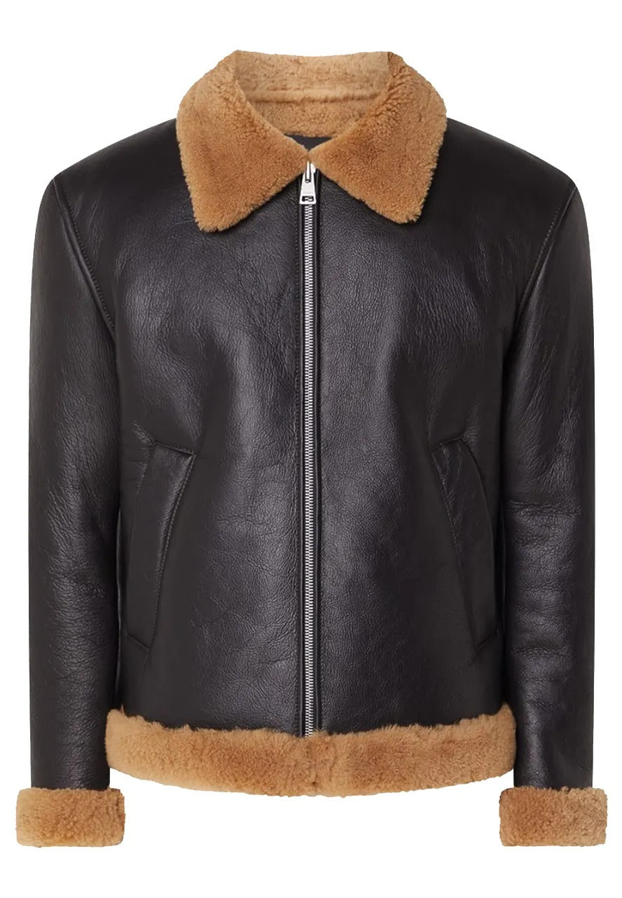 Men’s Basic Dark Brown Leather Shearling Jacket – Warm & Classic