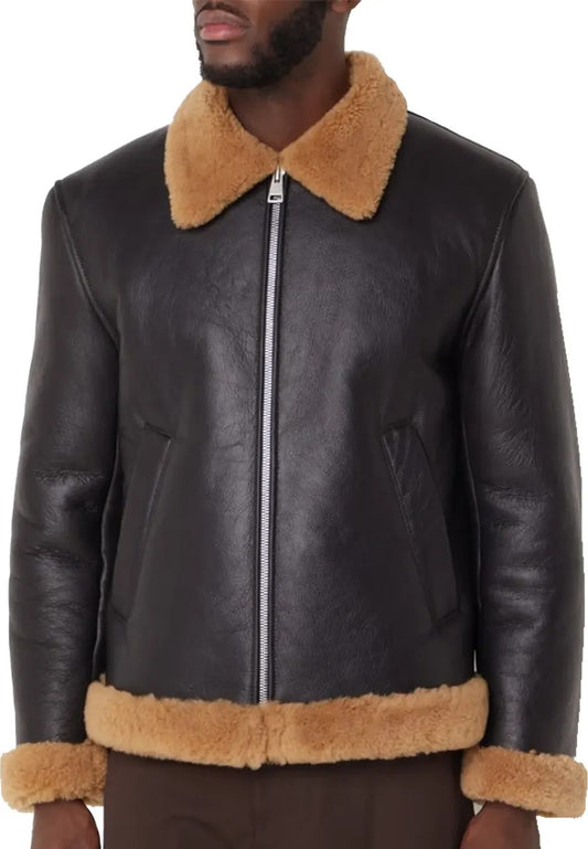 Men’s Basic Dark Brown Leather Shearling Jacket – Warm & Classic