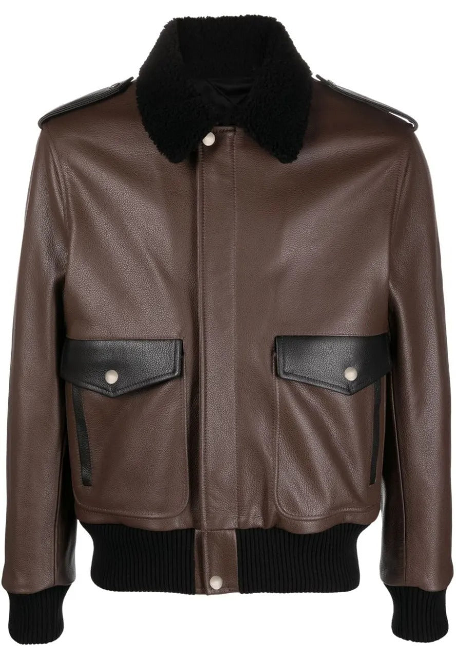 Men’s Brown Leather Racing Jacket with Fur Collar – Stylish & Warm