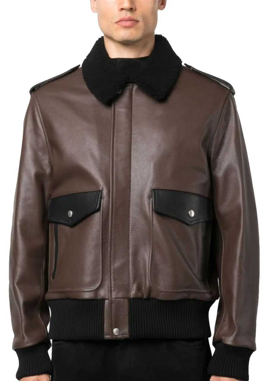 Men’s Brown Leather Racing Jacket with Fur Collar – Stylish & Warm