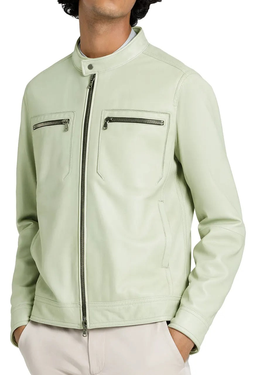 Men’s Grained Green Leather Jacket – Rugged & Stylish