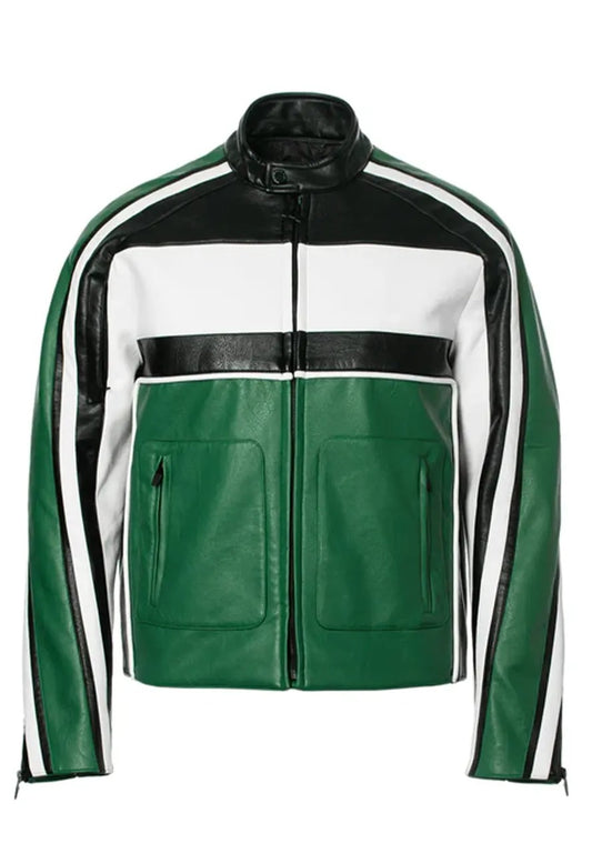 Men’s Green Leather Biker Racing Jacket – Bold & Sporty