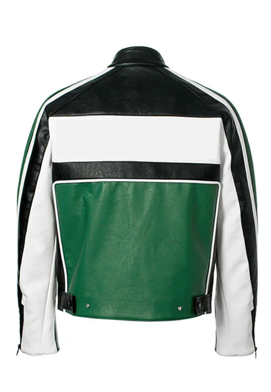 Men’s Green Leather Biker Racing Jacket – Bold & Sporty