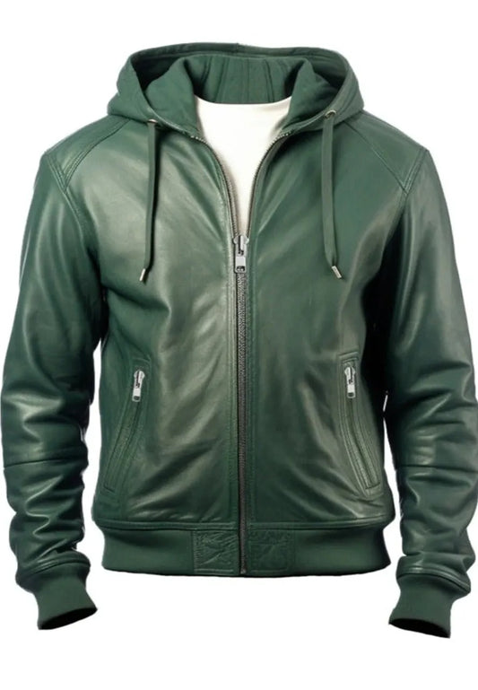 Men’s Green Leather Bomber Jacket with Hood – Stylish & Warm