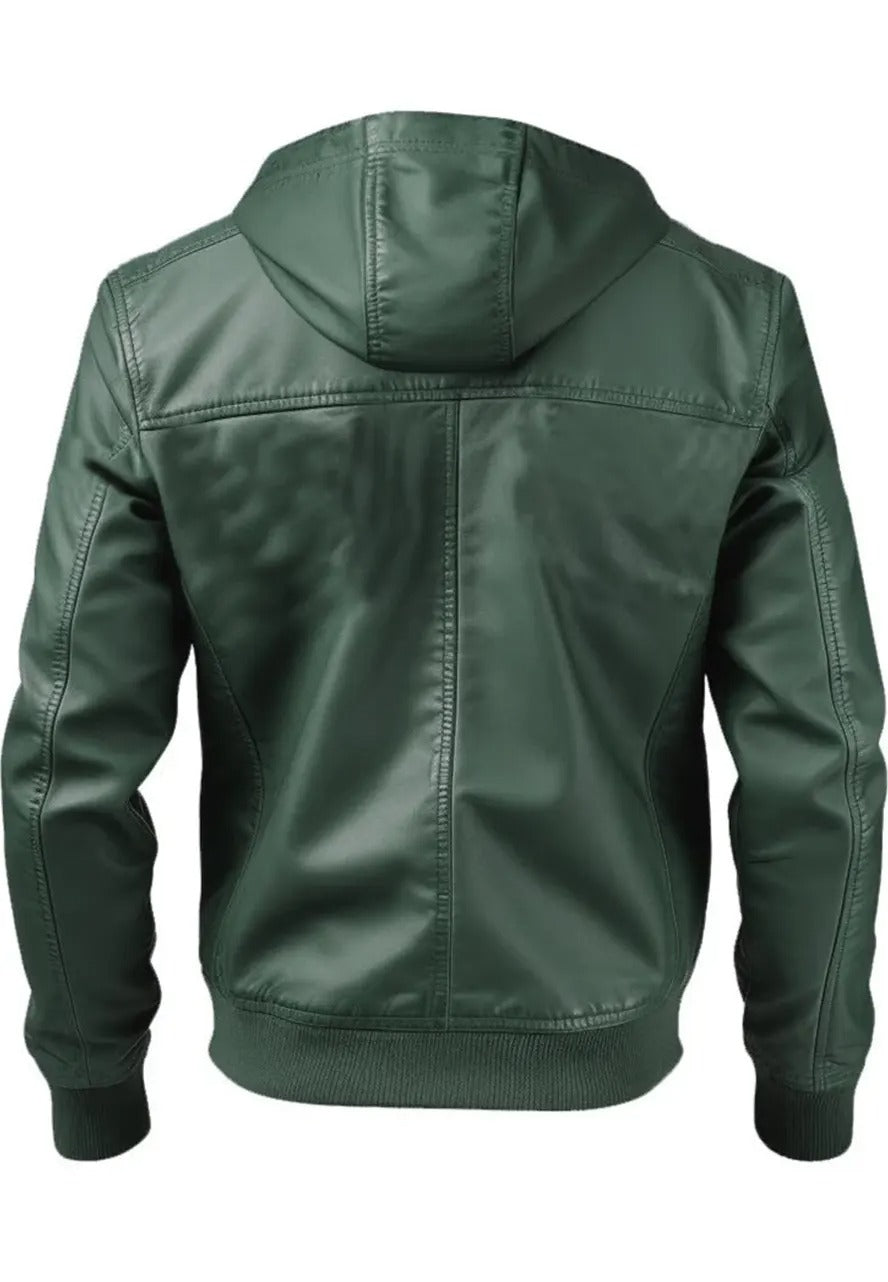 Men’s Green Leather Bomber Jacket with Hood – Stylish & Warm