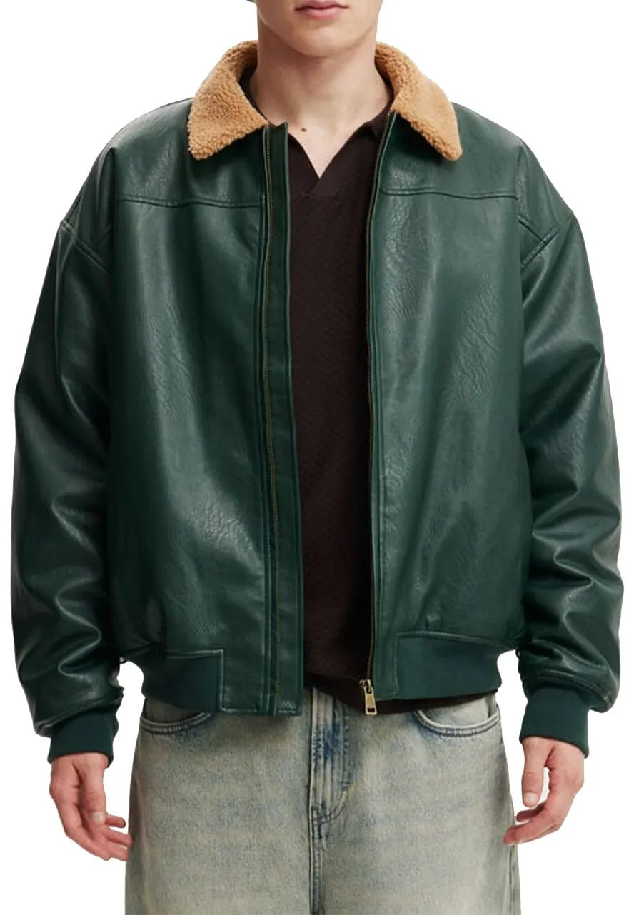 Men’s Green Leather Flight Bomber Jacket – Stylish & Durable