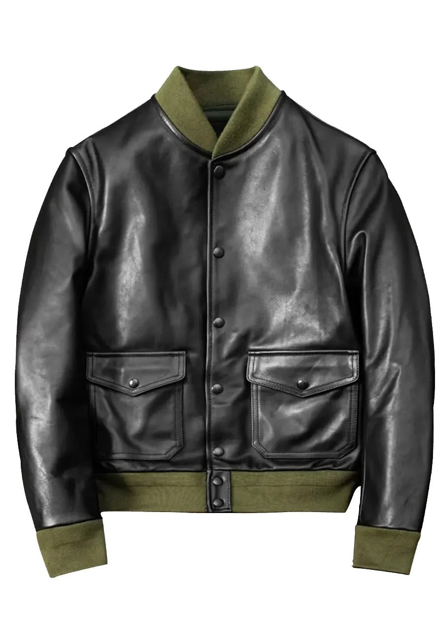 Men’s Green Rib Black Leather Bomber Jacket – Bold & Stylish