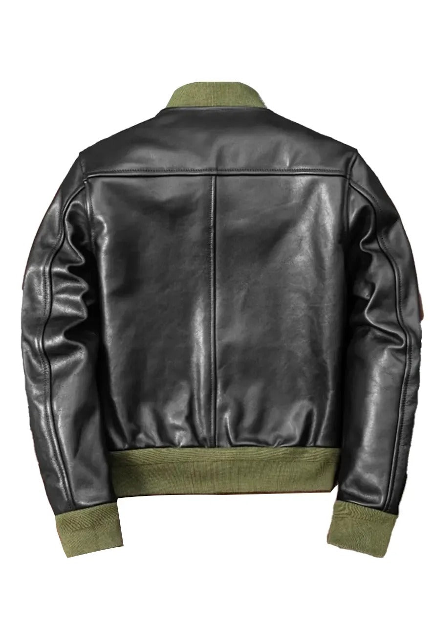 Men’s Green Rib Black Leather Bomber Jacket – Bold & Stylish