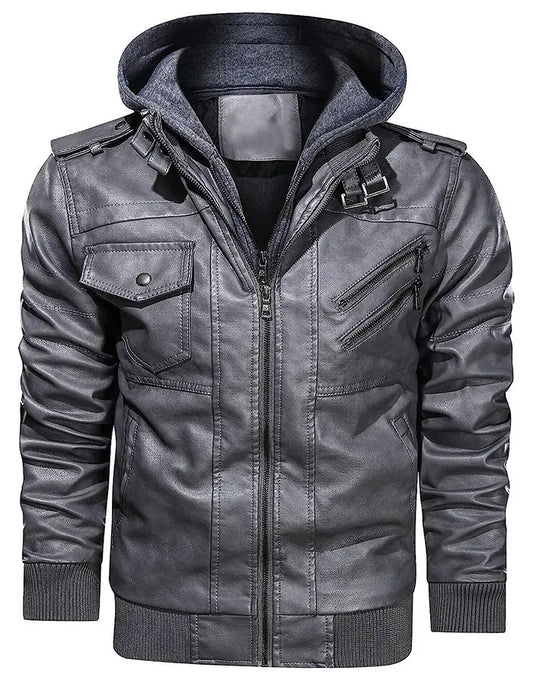 Men’s Grey Leather Jacket with Removable Hood – Stylish & Versatile